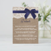 Navy Ribbon on Burlap & Lace Wedding Informatiekaartje (Staand voorkant)