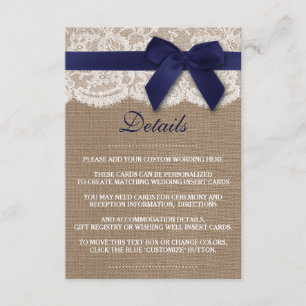 Navy Ribbon on Burlap & Lace Wedding Informatiekaartje