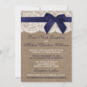 Navy Ribbon on Burlap & Lace Wedding Kaart (Voorkant)