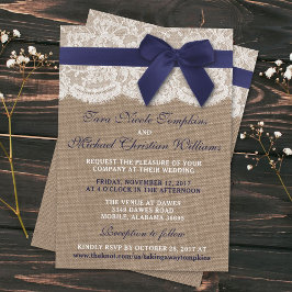 Navy Ribbon on Burlap & Lace Wedding Kaart