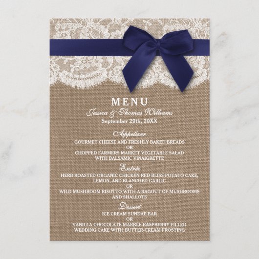 Navy Ribbon on Burlap & Lace Wedding Menu (Voorkant)