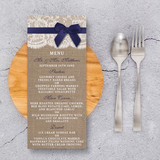 Navy Ribbon on Burlap & Lace Wedding Menu