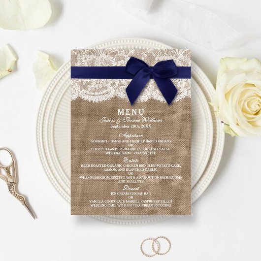 Navy Ribbon on Burlap & Lace Wedding Menu