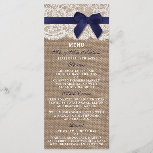Navy Ribbon on Burlap & Lace Wedding Menu (Voorkant)