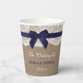 Navy Ribbon on Burlap & Lace Wedding Papieren Bekers (Achterkant)