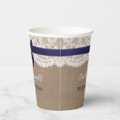 Navy Ribbon on Burlap & Lace Wedding Papieren Bekers (Rechts)