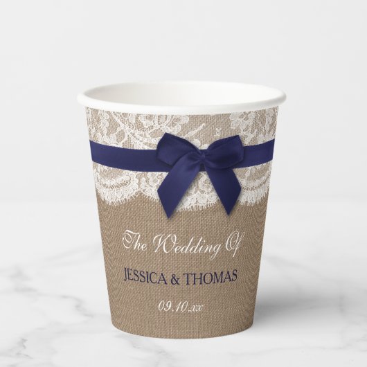 Navy Ribbon on Burlap & Lace Wedding Papieren Bekers (Voorkant)