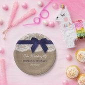 Navy Ribbon on Burlap & Lace Wedding Papieren Bordje (Feest)