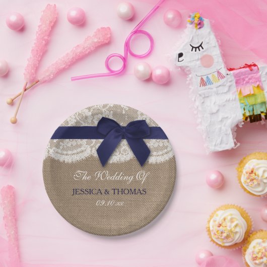 Navy Ribbon on Burlap & Lace Wedding Papieren Bordje (Feest)