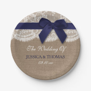 Navy Ribbon on Burlap & Lace Wedding Papieren Bordje