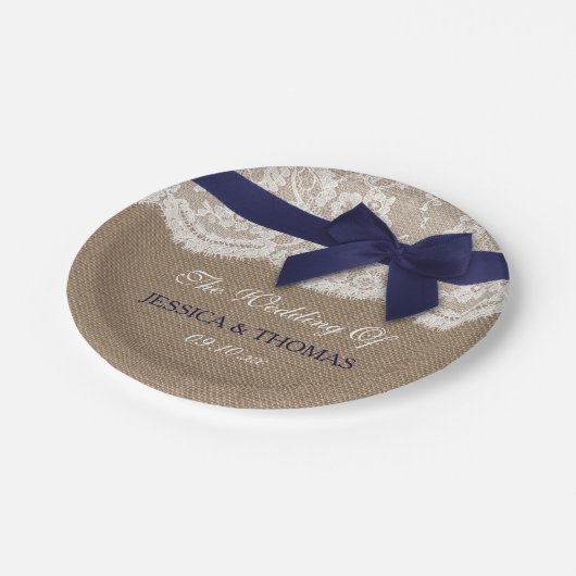 Navy Ribbon on Burlap & Lace Wedding Papieren Bordje (Gekanteld)