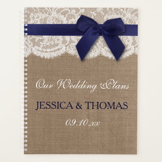 Navy Ribbon on Burlap & Lace Wedding Planner (Voorkant)