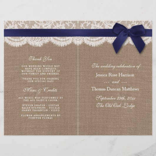 Navy Ribbon on Burlap & Lace Wedding Programme (Voorkant)