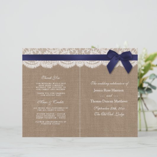 Navy Ribbon on Burlap & Lace Wedding Programme (Staand voorkant)