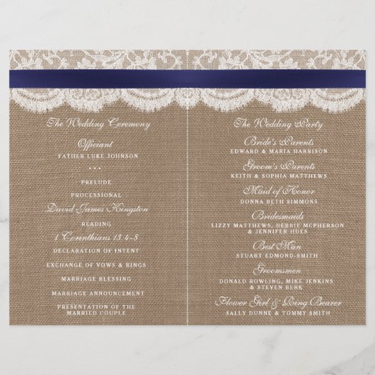 Navy Ribbon on Burlap & Lace Wedding Programme (Achterkant)