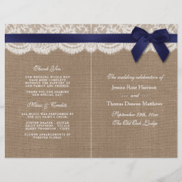 Navy Ribbon on Burlap & Lace Wedding Programme