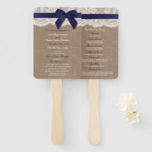 Navy Ribbon on Burlap & Lace Wedding Programme Handwaaier