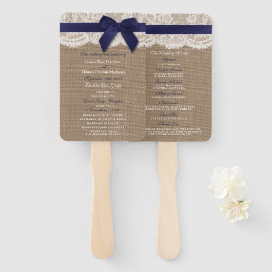 Navy Ribbon on Burlap & Lace Wedding Programme Handwaaier (Voorkant en achterkant)