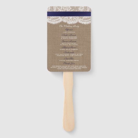 Navy Ribbon on Burlap & Lace Wedding Programme Handwaaier (Achterkant)