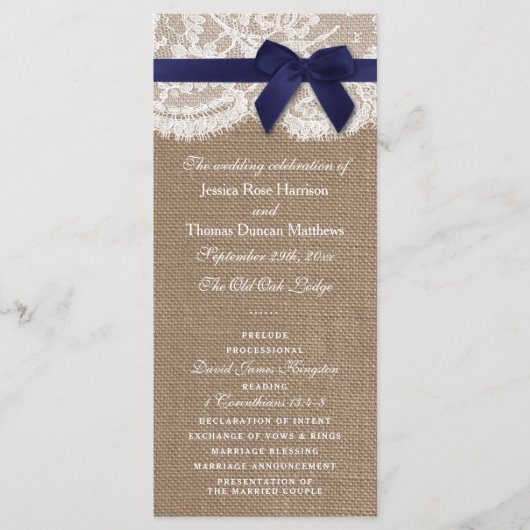 Navy Ribbon on Burlap & Lace Wedding Programme Programmakaart (Voorkant)