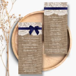 Navy Ribbon on Burlap & Lace Wedding Programme Programmakaart
