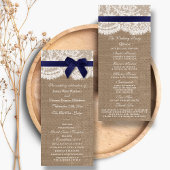 Navy Ribbon on Burlap & Lace Wedding Programme Reclamekaart