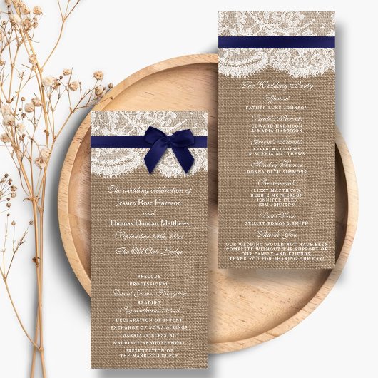 Navy Ribbon on Burlap & Lace Wedding Programme Reclamekaart