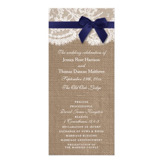 Navy Ribbon on Burlap & Lace Wedding Programme Reclamekaart (Voorkant)
