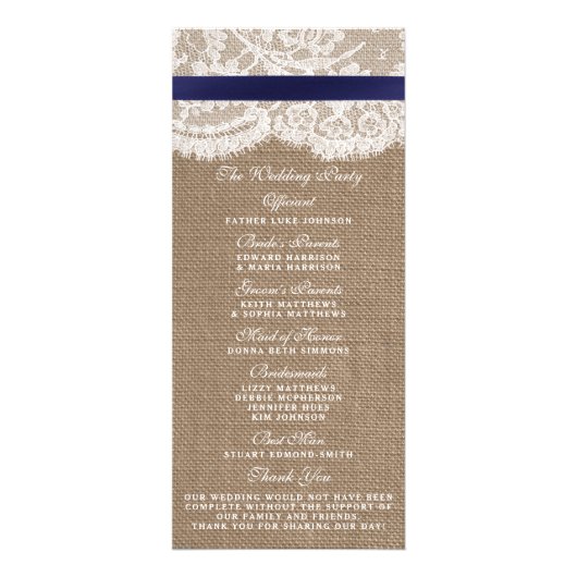 Navy Ribbon on Burlap & Lace Wedding Programme Reclamekaart (Achterkant)