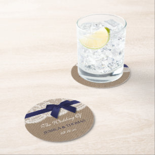 Navy Ribbon on Burlap & Lace Wedding Ronde Kartonnen Onderzetter