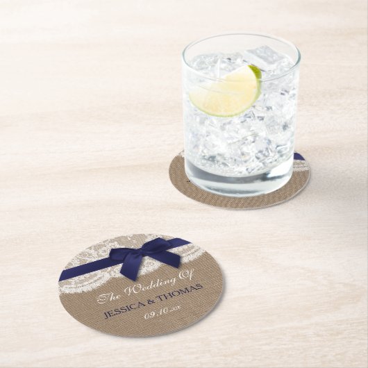 Navy Ribbon on Burlap & Lace Wedding Ronde Kartonnen Onderzetter (Insitu)