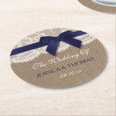 Navy Ribbon on Burlap & Lace Wedding Ronde Kartonnen Onderzetter (Gebogen)