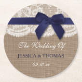 Navy Ribbon on Burlap & Lace Wedding Ronde Kartonnen Onderzetter (Voorkant)