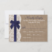 Navy Ribbon on Burlap & Lace Wedding RSVP (Voorkant)
