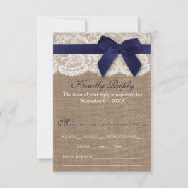 Navy Ribbon on Burlap & Lace Wedding RSVP Kaartje