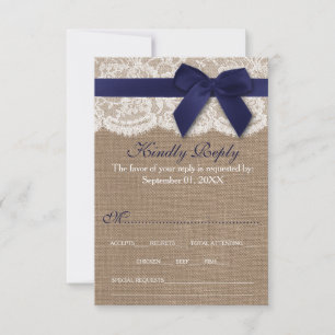 Navy Ribbon on Burlap & Lace Wedding RSVP Kaartje