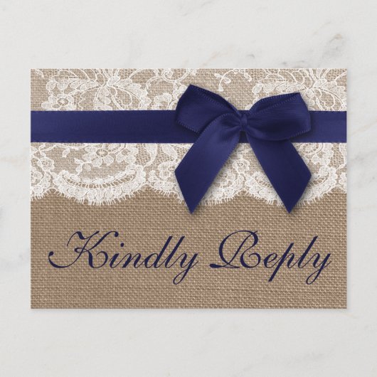 Navy Ribbon on Burlap & Lace Wedding RSVP Uitnodiging Briefkaart (Voorkant)