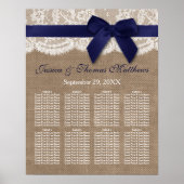 Navy Ribbon on Burlap & Lace Wedding Seating Chart Poster (Voorkant)
