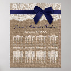 Navy Ribbon on Burlap & Lace Wedding Seating Chart Poster