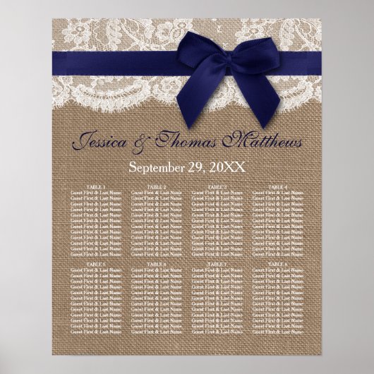 Navy Ribbon on Burlap & Lace Wedding Seating Chart Poster (Voorkant)