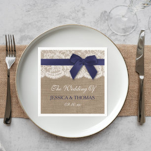 Navy Ribbon on Burlap & Lace Wedding Servet