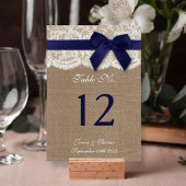 Navy Ribbon on Burlap & Lace Wedding Table Number Kaart