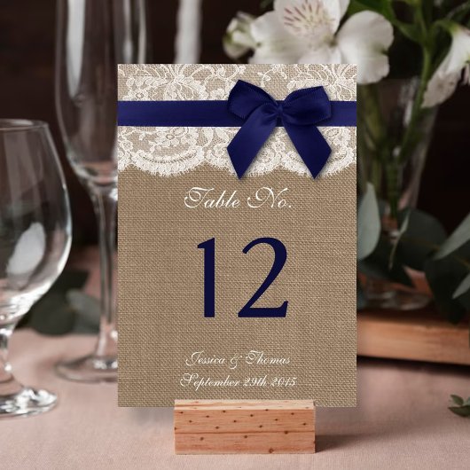 Navy Ribbon on Burlap & Lace Wedding Table Number Kaart