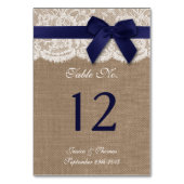 Navy Ribbon on Burlap & Lace Wedding Table Number Kaart (Achterkant)