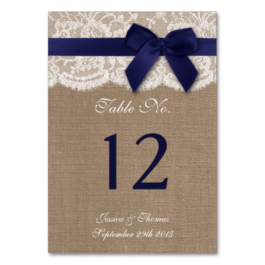 Navy Ribbon on Burlap & Lace Wedding Table Number Kaart (Achterkant)