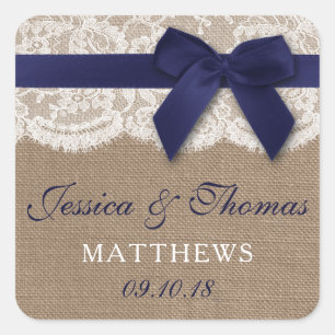 Navy Ribbon on Burlap & Lace Wedding Vierkante Sticker