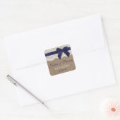 Navy Ribbon on Burlap & Lace Wedding Vierkante Sticker (Envelop)