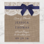 Navy Ribbon on Burlap & Lace Wedding Wijn Etiket (Enkel label)