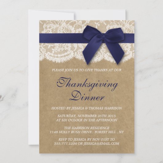 Navy Ribbon on Kraft & Lace Thanksgiving Dinner Kaart (Voorkant)