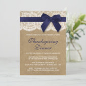 Navy Ribbon on Kraft & Lace Thanksgiving Dinner Kaart (Staand voorkant)